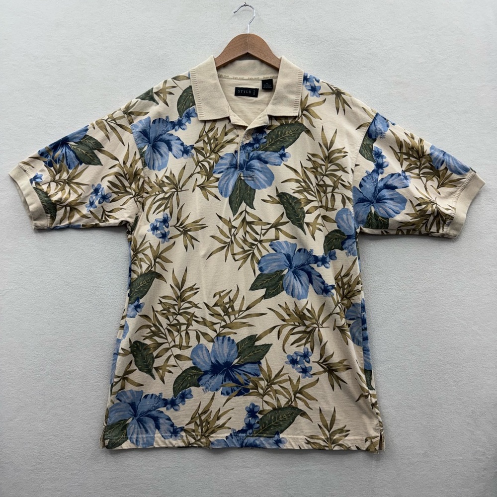 Stylo Golf Mens XL Tan Short Sleeve Polo Shirt Hibiscus Vintage